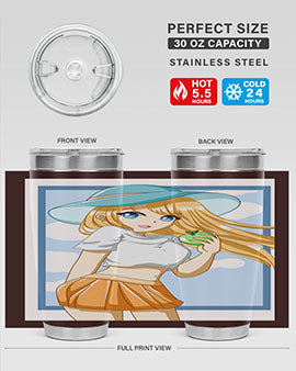 Cute tumbler featuring a girl with yellow hair holding an apple, perfect for summer drinks.