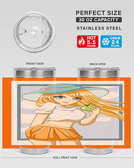 Cute tumbler featuring a girl with yellow hair holding an apple, perfect for summer drinks.