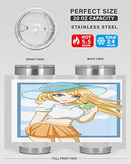 Cute tumbler featuring a girl with yellow hair holding an apple, perfect for summer drinks.