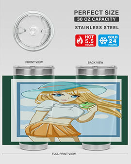 Cute tumbler featuring a girl with yellow hair holding an apple, perfect for summer drinks.