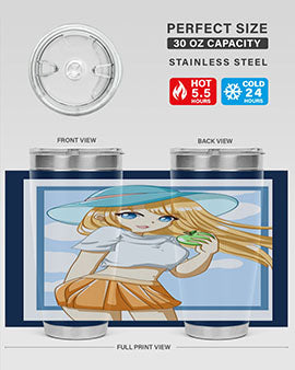 Cute tumbler featuring a girl with yellow hair holding an apple, perfect for summer drinks.