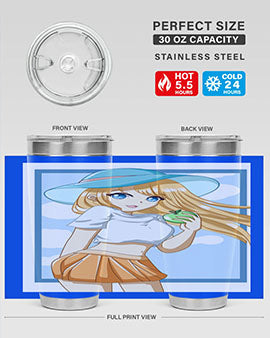 Cute tumbler featuring a girl with yellow hair holding an apple, perfect for summer drinks.