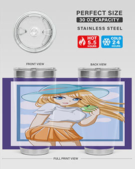 Cute tumbler featuring a girl with yellow hair holding an apple, perfect for summer drinks.