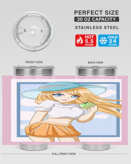 Cute tumbler featuring a girl with yellow hair holding an apple, perfect for summer drinks.