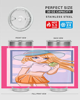 Cute tumbler featuring a girl with yellow hair holding an apple, perfect for summer drinks.