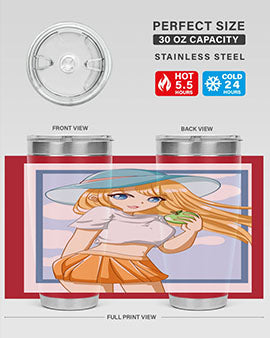 Cute tumbler featuring a girl with yellow hair holding an apple, perfect for summer drinks.