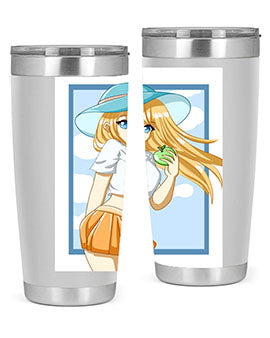 Cute tumbler featuring a girl with yellow hair holding an apple, perfect for summer drinks.