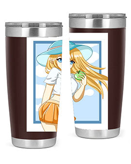 Cute tumbler featuring a girl with yellow hair holding an apple, perfect for summer drinks.