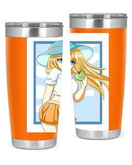 Cute tumbler featuring a girl with yellow hair holding an apple, perfect for summer drinks.