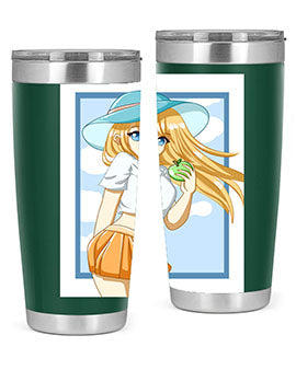 Cute tumbler featuring a girl with yellow hair holding an apple, perfect for summer drinks.