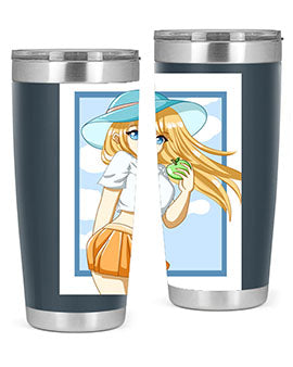 Cute tumbler featuring a girl with yellow hair holding an apple, perfect for summer drinks.