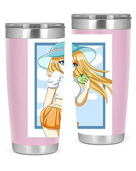Cute tumbler featuring a girl with yellow hair holding an apple, perfect for summer drinks.