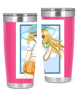 Cute tumbler featuring a girl with yellow hair holding an apple, perfect for summer drinks.