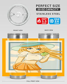 Cute tumbler featuring a girl with yellow hair holding an apple, perfect for summer drinks.