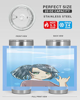 Cute anime tumbler featuring a beautiful little girl with a metal hand design, made from stainless steel.
