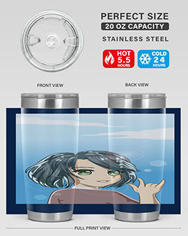 Cute anime tumbler featuring a beautiful little girl with a metal hand design, made from stainless steel.