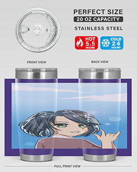 Cute anime tumbler featuring a beautiful little girl with a metal hand design, made from stainless steel.