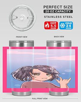 Cute anime tumbler featuring a beautiful little girl with a metal hand design, made from stainless steel.