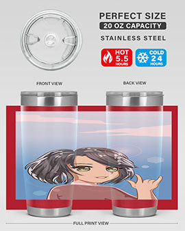 Cute anime tumbler featuring a beautiful little girl with a metal hand design, made from stainless steel.