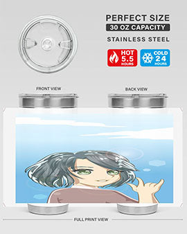 Cute anime tumbler featuring a beautiful little girl with a metal hand design, made from stainless steel.