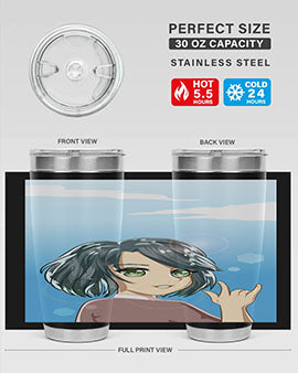 Cute anime tumbler featuring a beautiful little girl with a metal hand design, made from stainless steel.