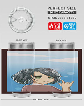 Cute anime tumbler featuring a beautiful little girl with a metal hand design, made from stainless steel.