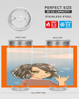 Cute anime tumbler featuring a beautiful little girl with a metal hand design, made from stainless steel.