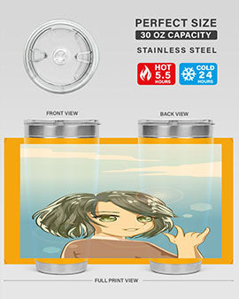 Cute anime tumbler featuring a beautiful little girl with a metal hand design, made from stainless steel.