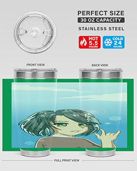 Cute anime tumbler featuring a beautiful little girl with a metal hand design, made from stainless steel.