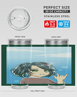 Cute anime tumbler featuring a beautiful little girl with a metal hand design, made from stainless steel.