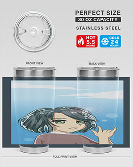 Cute anime tumbler featuring a beautiful little girl with a metal hand design, made from stainless steel.