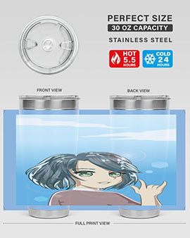Cute anime tumbler featuring a beautiful little girl with a metal hand design, made from stainless steel.