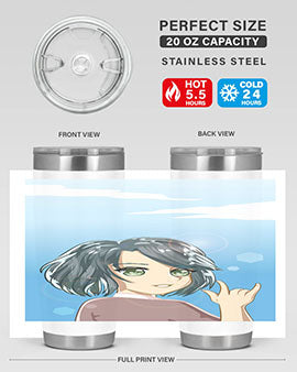 Cute anime tumbler featuring a beautiful little girl with a metal hand design, made from stainless steel.