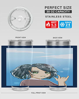 Cute anime tumbler featuring a beautiful little girl with a metal hand design, made from stainless steel.