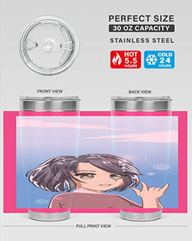 Cute anime tumbler featuring a beautiful little girl with a metal hand design, made from stainless steel.