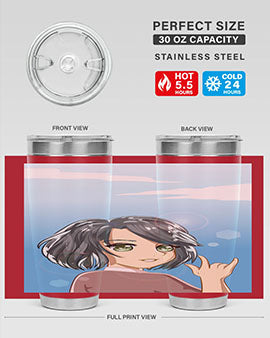 Cute anime tumbler featuring a beautiful little girl with a metal hand design, made from stainless steel.