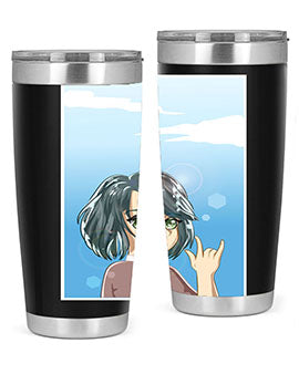 Cute anime tumbler featuring a beautiful little girl with a metal hand design, made from stainless steel.