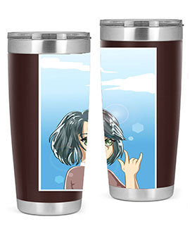 Cute anime tumbler featuring a beautiful little girl with a metal hand design, made from stainless steel.