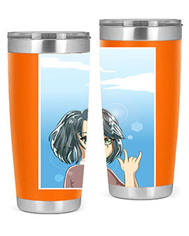 Cute anime tumbler featuring a beautiful little girl with a metal hand design, made from stainless steel.