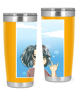 Cute anime tumbler featuring a beautiful little girl with a metal hand design, made from stainless steel.