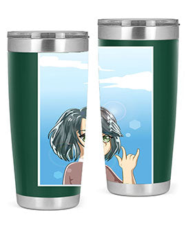 Cute anime tumbler featuring a beautiful little girl with a metal hand design, made from stainless steel.