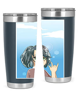 Cute anime tumbler featuring a beautiful little girl with a metal hand design, made from stainless steel.