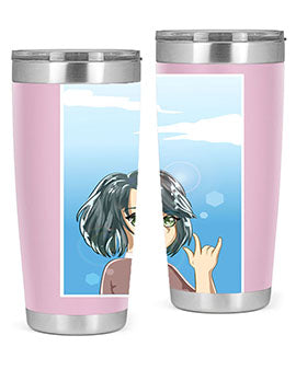 Cute anime tumbler featuring a beautiful little girl with a metal hand design, made from stainless steel.