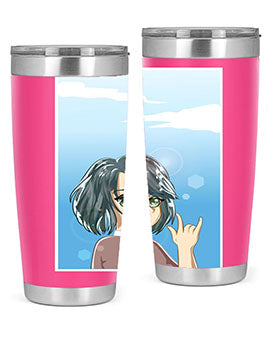 Cute anime tumbler featuring a beautiful little girl with a metal hand design, made from stainless steel.