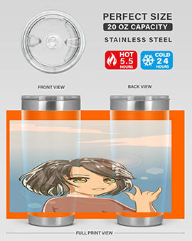 Cute anime tumbler featuring a beautiful little girl with a metal hand design, made from stainless steel.