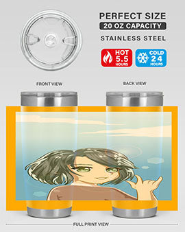 Cute anime tumbler featuring a beautiful little girl with a metal hand design, made from stainless steel.