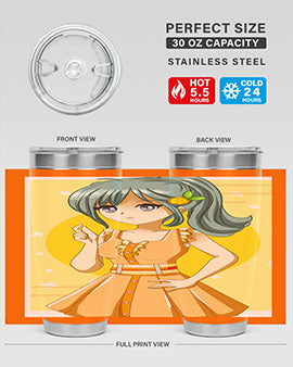 Cute orange-themed tumbler featuring a beautiful anime girl in a summer setting, showcasing vibrant colors and a stylish design.