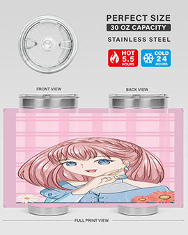 Cute and beautiful princess pink short hair tumbler, showcasing a vibrant design with a charming anime character.