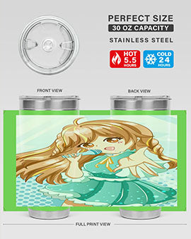 Cute anime tumbler featuring a beautiful singer girl in a green dress, designed for hot and cold beverages.