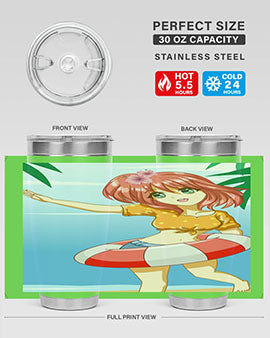 A cute and happy girl enjoying the beach with a buoy, featured on a stylish tumbler.